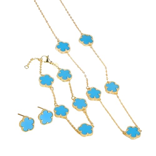 14K Gold-Filled Clover Necklace For Women - Classic Five-Leaf Flower Set Bracelet Necklace Earrings Jewelry Set, Five Leaf Clover Necklaces Dainty Lucky Clover Jewelry - color: Blue - Clover Necklace