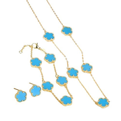 14K Gold-Filled Clover Necklace For Women - Classic Five-Leaf Flower Set Bracelet Necklace Earrings Jewelry Set, Five Leaf Clover Necklaces Dainty Lucky Clover Jewelry - color: Blue - Clover Necklace