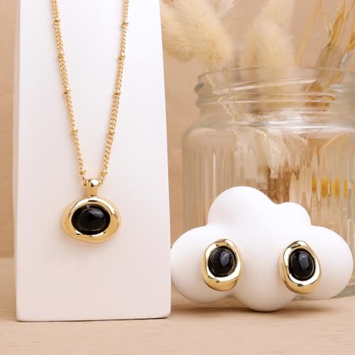 Jean Beau Gold Stone Pendant Necklaces for Women, Chunky Gemstone Dangle Necklace Wedding Prom Fashion Jewelry Gift - color: Obsidian Black