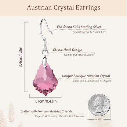 Austrian Crystal Baroque Drop Dangle Earrings for Women 925 Sterling Silver Hook Hypoallergenic Jewelry - color: Pink