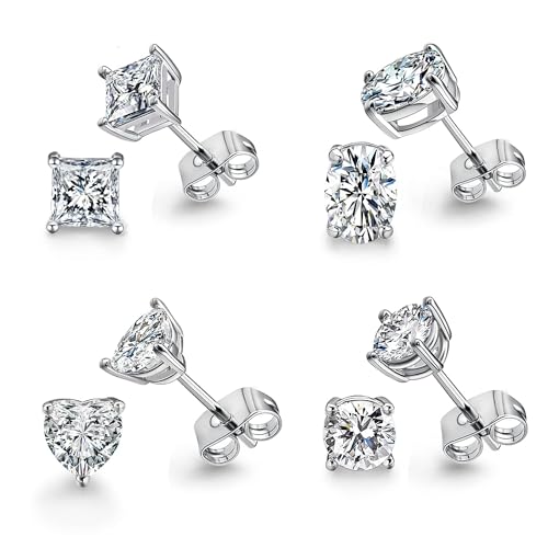 CZ Stud Earrings Set 4 Pairs, Multiple Shapes - Round Heart Princess Cut Oval Clear Cubic Zirconias, White Gold/Rose Gold/Gold - color: White Gold