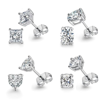 CZ Stud Earrings Set 4 Pairs, Multiple Shapes - Round Heart Princess Cut Oval Clear Cubic Zirconias, White Gold/Rose Gold/Gold - color: White Gold