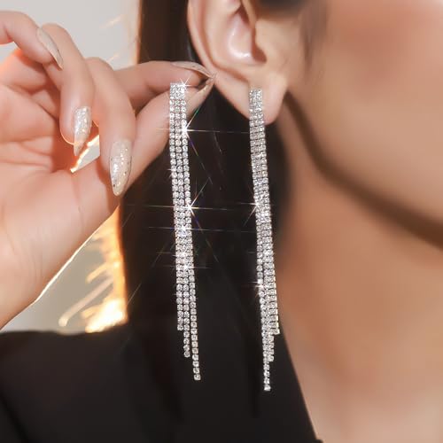 Sparkly Rhinestone Long Tassel Dangle Earrings Crystal Chandelier Dangle Drop Earrings Wedding Party Prom Earrings Jewelry for Women Gifts - color: Silver