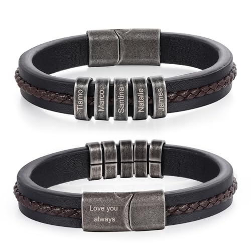 Personalized Bracelet for Men, Engraved Name Bead Braided Leather Bracelet for Dad Husband Grandpa Son, Custom Stainless Steel Men's Bracelet - color: 5 names