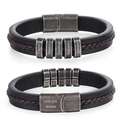 Personalized Bracelet for Men, Engraved Name Bead Braided Leather Bracelet for Dad Husband Grandpa Son, Custom Stainless Steel Men's Bracelet - color: 5 names