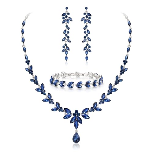 EVER FAITH Marquise Crystal Leaf Bridal Prom Jewelry Set for Women Bride | Rhinestone Wedding Party Necklace Dangle Earrings Tennis Bracelet, for Bridesmaid - color: Sapphire Blue