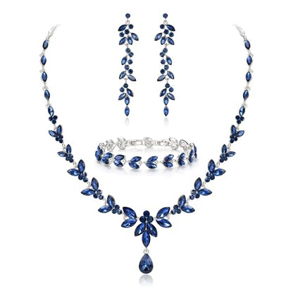 EVER FAITH Marquise Crystal Leaf Bridal Prom Jewelry Set for Women Bride | Rhinestone Wedding Party Necklace Dangle Earrings Tennis Bracelet, for Bridesmaid - color: Sapphire Blue