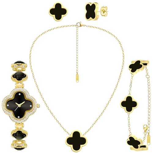 5 Pieces Lucky Clover Jewelry Set for Women Gold Jewelry Set 18K Gold Plated Flower Design Five Leaf Necklace Bracelet Ring Earrings for Women - color: Clover Black Watch