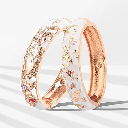 UJOY Cloisonne Indian Bangle Colored Crystal Plated Hinge Cuff Bracelet Hollowed Bird Enamel Jewelry Gift 55C49 - color: 2 Pcs/set-Bird-White