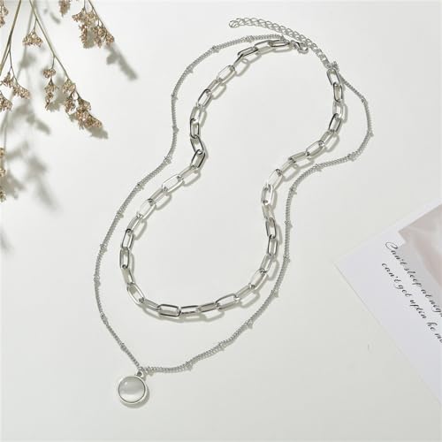 Spiritrain Boho Opal Double Chains Choker Necklace for Women Gold Silver Plated Bohemian Layered Round Moonstone Paperclip Link Chain Pendant Necklace for Birthday Holiday Party Fashion Jewelry Gifts
