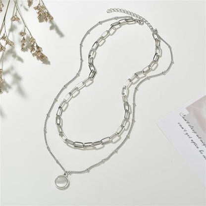 Spiritrain Boho Opal Double Chains Choker Necklace for Women Gold Silver Plated Bohemian Layered Round Moonstone Paperclip Link Chain Pendant Necklace for Birthday Holiday Party Fashion Jewelry Gifts