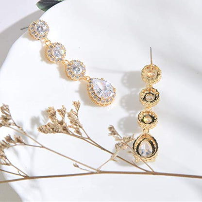 Women's Cubic Zirconia Bridal Earrings - Elegant Long Wedding Party Prom Earring for Bride Bridesmaids Crystal CZ Rhinestone Chandelier Statement Dangle Drop Earrings for girls - color: Clear-yellow gold