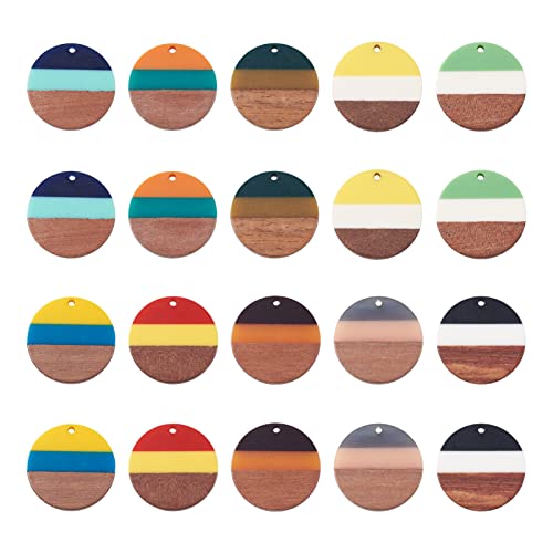 FASHEWELRY Resin Wooden Pendants Vintage Bohemian Resin Wood Statement Oval Teardrop Rectangle Colorful Geometric Blank Pendant Boho Dangle Charms for DIY Necklace Earring Crafts Jewelry Making - color: Flat Round-20Pcs-10 Color