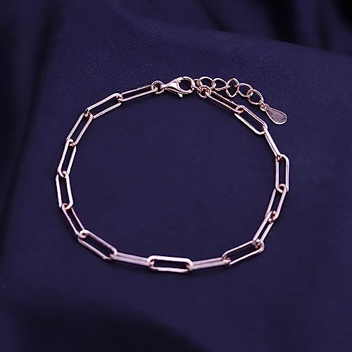 7" Length +1" Adjustable Paper Clip Chain Bracelet for Women | 14K Gold Over Sterling Silver Plain Jewelry - color: rose-gold-plated-silver