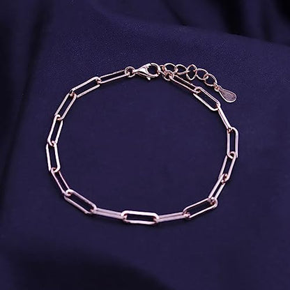 7" Length +1" Adjustable Paper Clip Chain Bracelet for Women | 14K Gold Over Sterling Silver Plain Jewelry - color: rose-gold-plated-silver