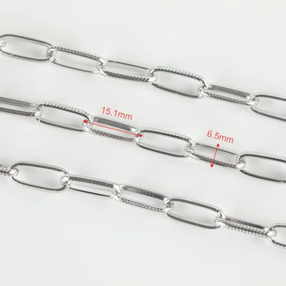 16ft/5m Aluminum Jewelry Chains Bulk Embossed Paperclip Jewelry Making Chains Oval Link Chain Roll with Jump Rings and Lobster Clasps - color: 6.5×15.5mm-Silver