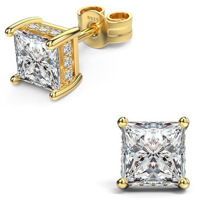 Princess Cut Cubic Zirconia Stud Earrings for Men Women | Square CZ Simulated Diamond Studs, 18K White Gold Plated Sterling Silver, Hypoallergenic - color: Gold, size: 5MM