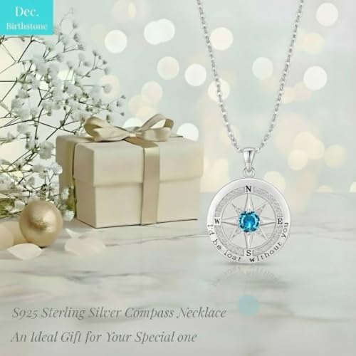 Compass Necklace for Women Wife Girlfriend Mom Daughter Gifts | S925 Silver Jewelry For Anniversary 18K Rose Gold Gifts For Birthday Christmas Mothers Valentines Day 12 Birthstones - style: 12-December-Silver