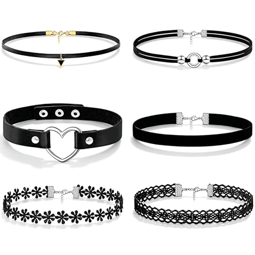 Ronglry 3pcs Black Choker Necklace for Women Black Velvet Choker Set Layered Black Choker Necklaces Classic Chokers for Women Adjustable Gothic Lace Black Collar Necklace for Party Cosplay Christmas Birthday Jewelry Gifts - color: 6pcs goth