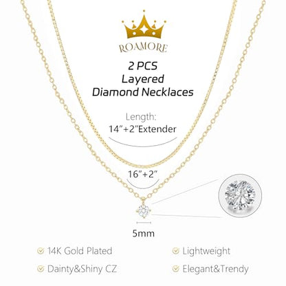 Layered Choker Necklace for Women Stackable Chain Dainty Zircon Pendant Set | 2PCS, Silver/14K Gold Plated, Box/Ball/Rope/Lip chain, Layering Diamond Cut CZ Pendant, Dainty Thin Chain, Trendy Prom Gift - color: Gold, style: Style 02