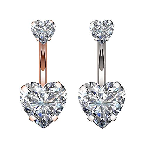 YHMM 14G Surgical Steel Belly Button Rings Double Heart Cubic Zirconia Navel Barbell Stud Body Piercing - color: A: Rose Gold Tone