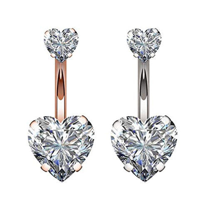 YHMM 14G Surgical Steel Belly Button Rings Double Heart Cubic Zirconia Navel Barbell Stud Body Piercing - color: 2 Pcs