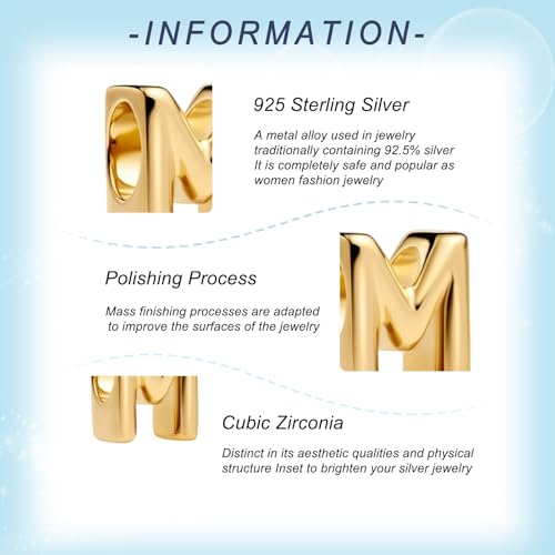 Gold Letter Charms A-Z for Bracelets 925 Sterling Silver Alphabet Initial Charms Beads Jewelry Gifts for Women - color: M