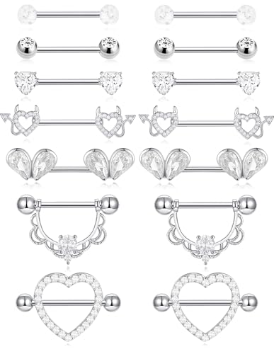 7 Pairs Nipple Rings for Women 14G Stainless Steel Pink CZ Heart Devil Acrylic Ball Straight Barbell Nipple Bars Tongue Rings Set Cute Nipplerings Piercing Jewelry Sliver Tone - color: White