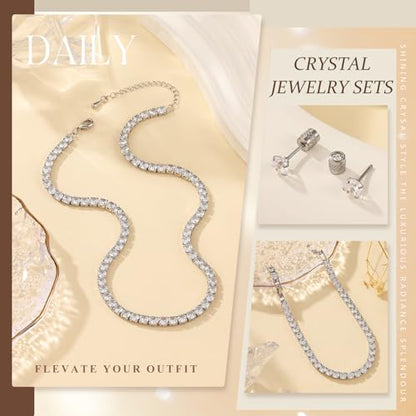 Tennis Jewelry Set for Women 4mm Cubic Zirconia Necklace Bracelet Earring 3Pcs Set Silver Tone Hypoallergenic Iced Out CZ Bridal Accessories Dainty Wedding Party Anniversary Birthday Gift for Her - color: silver 13 inches + 2 inches