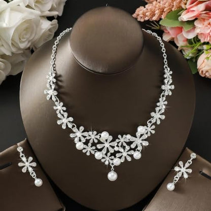 Dainty Faux Pearl Crystal Rhinestone Pendant Necklace Drop Earrings Set for Women,Sparkling Statement Necklace Earrings Romantic Wedding Bridal Jewelry Set