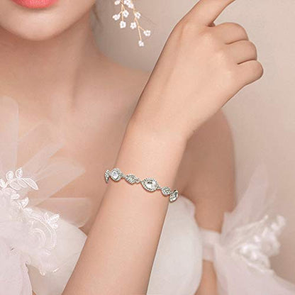 EleQueen Women's Wedding Bridal Jewelry Sets for Brides Bridesmaids, Cubic Zirconia Teardrop Necklace Tennis Bracelet Dangle Earrings Jewellery Set - color: 07-Clear Silver-Tone