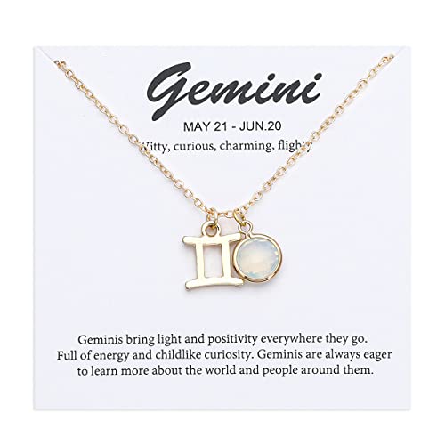 14k Gold Plated Zodiac Birthstone Crystal Pendant Necklace, Horoscope Sign Charm Necklace for Women Birthday Gift - color: Gemini-Jun.