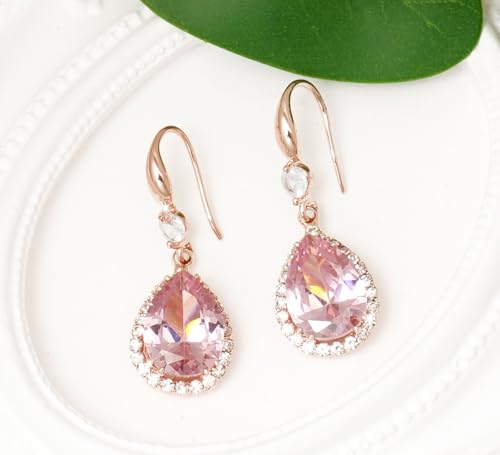 Crystal Drop Earrings for Women Cubic Zirconia Teardrop Earrings Sparkling Rhinestone Dangle Earring - color: Gold Pink
