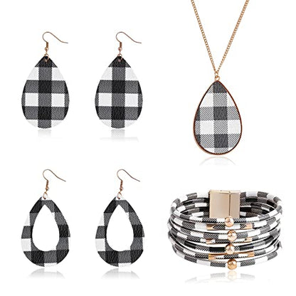 Ornaland 4 Pcs Leather Earrings Necklace Bracelet Set Print Earrings Faux Leather Necklace Multi-Layer Bracelet Jewelry Set Gifts for Women - color: A4