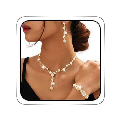 Sixexey Rhinestone Jewelry Set Bridal Necklaces Clip On Earrings Set Wedding Prom Jewelry Accessories for Women - color: Gold
