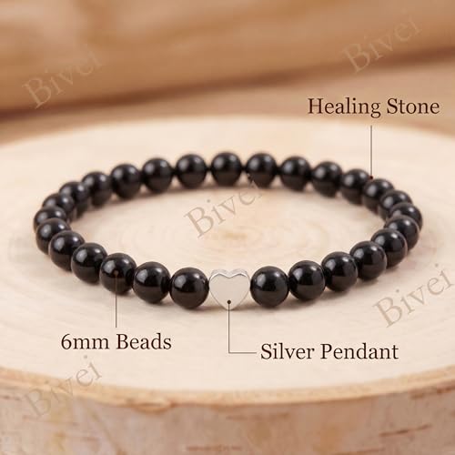 Bivei Crystal Stretch 6mm Bracelets for Women | Handmade Natural Stone Beaded Stretch Bracelet, Stainless Steel Heart Bead, Tranquility Yoga Gift Jewelry for Women - color: Black Onyx - Grounding