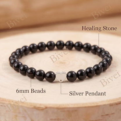 Bivei Crystal Stretch 6mm Bracelets for Women | Handmade Natural Stone Beaded Stretch Bracelet, Stainless Steel Heart Bead, Tranquility Yoga Gift Jewelry for Women - color: Black Onyx - Grounding