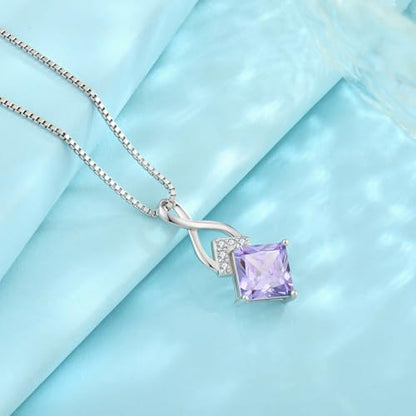 Infinity Necklace 925 Sterling Silver Princess Cut Pendant Birthstone Jewelry for Women - color: Light Lavender