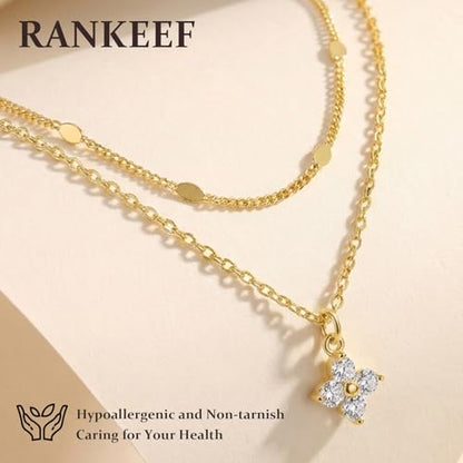RANKEEF Layered Gold Necklaces for Women Sterling Silver Necklace Waterproof Silver Necklace For Women Adjustable Sterling Silver Necklace For Women Set Jewelry Gift - color: Gold-B