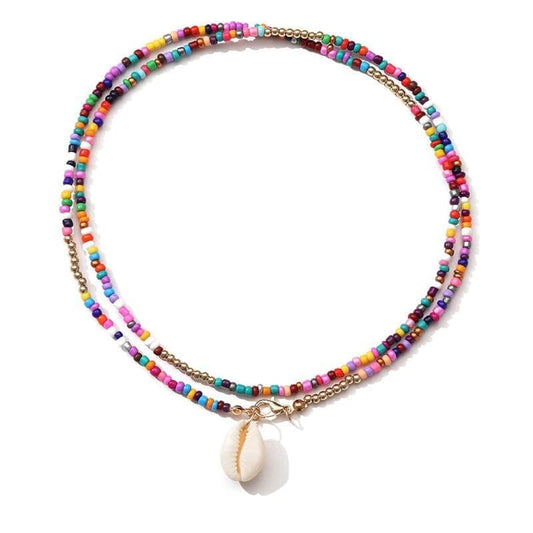 Boho Beaded Choker Necklace with Cowrie Shell Pendant – Colorful Seed Bead Layered Beach Necklace for Women, Buckle