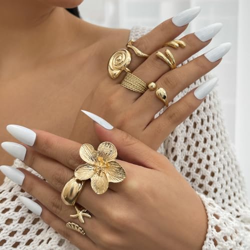 Gold Rings for Women Non Tarnish Boho Stackable Adjustable Open Rings Set Finger Knuckle Stacking Ring Packs Jewelry Gift - color: Gold Chunky Starfish Rings 8Pcs