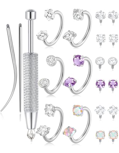 Horseshoe Nose Ring for Women Surgical Steel 18G Double Gem Nose Ring Hoop Cartilage Helix Daith Tragus Half Hoop Earrings Septum Labret Lip Eyebrow Piercing Jewelry Silver Plated - color: B: Silver 6Pcs(purple)