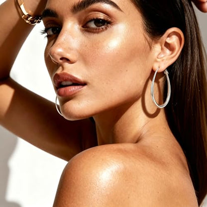 OGD Teardrop Hoop Earrings for Women 14K Gold Plated Large Chunky Oval Pull Through Hoop Earrings Statement Jewelry Gift for Women Hypoallergenic - color: Oval Earrings-Silver45mm