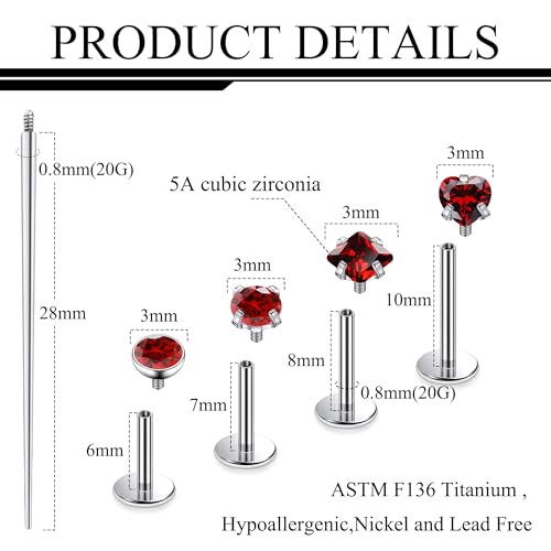 Titanium Flat Back Lip Rings Internally Threaded Earrings Studs Nose Rings 20G 18G 16G Round Heart Square CZ Tragus Cartilage Lobe Rook Helix Conch Labret Medusa Piercing Jewelry for Women Men - color: Red CZ, size: 20G-6/8/10mm