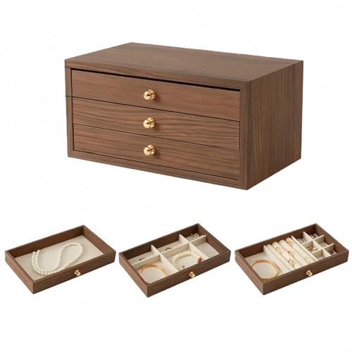 3-Layer Wooden Drawers Jewelry Box For Women,Jewelry Organizer with Acrylic Cover & Velvet Lining-Adjustable Compartments for Earrings Organizer, Rings, Necklaces, Bracelets (normal, 3) - size: normal