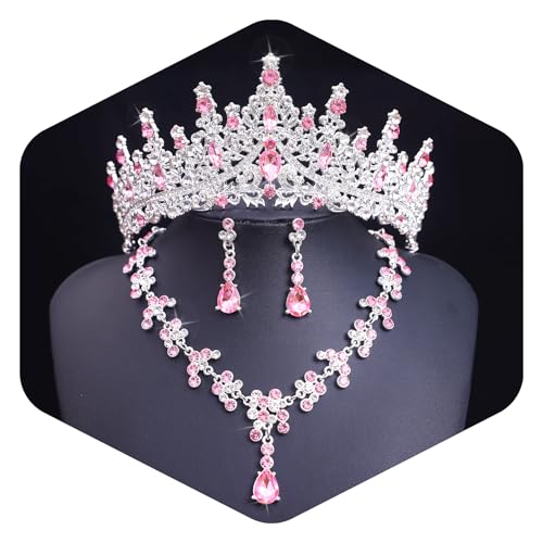 Crystal Crown and Tiara Jewelry Set for Women Bride with Necklace Earrings | Metal Rhinestone Royal Queen Princess Jewelry Set Wedding Quinceanera Pageant Prom Birthday Halloween Party Costume Gift - color: Silver Pink
