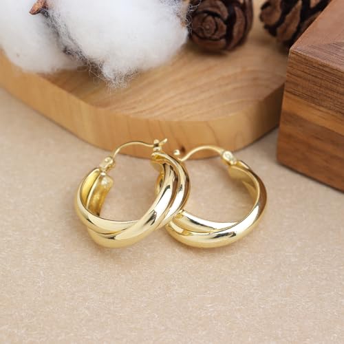 Chunky Large Gold Puffy Open Hoop Earrings for Women,Trendy Statement Big Minimalist Wavy Huggie Earing Prom Jewelry Gift - color: Double