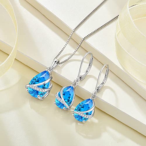Birthstone Pendant Necklace 925 Sterling Silver Teardrop Jewelry for Women - color: Sea Blue