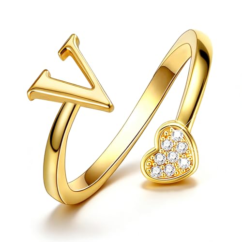 Lunvky Birthday Gifts Silver Initial Rings for Women Teen Girl Kids Trendy Stuff Dainty 14K Gold Plated Adjustable Heart Letter Thumb Rings Pinky Cute Jewelry Personalized Gift - color: Gold, size: Initial-V
