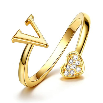 Lunvky Birthday Gifts Silver Initial Rings for Women Teen Girl Kids Trendy Stuff Dainty 14K Gold Plated Adjustable Heart Letter Thumb Rings Pinky Cute Jewelry Personalized Gift - color: Gold, size: Initial-V